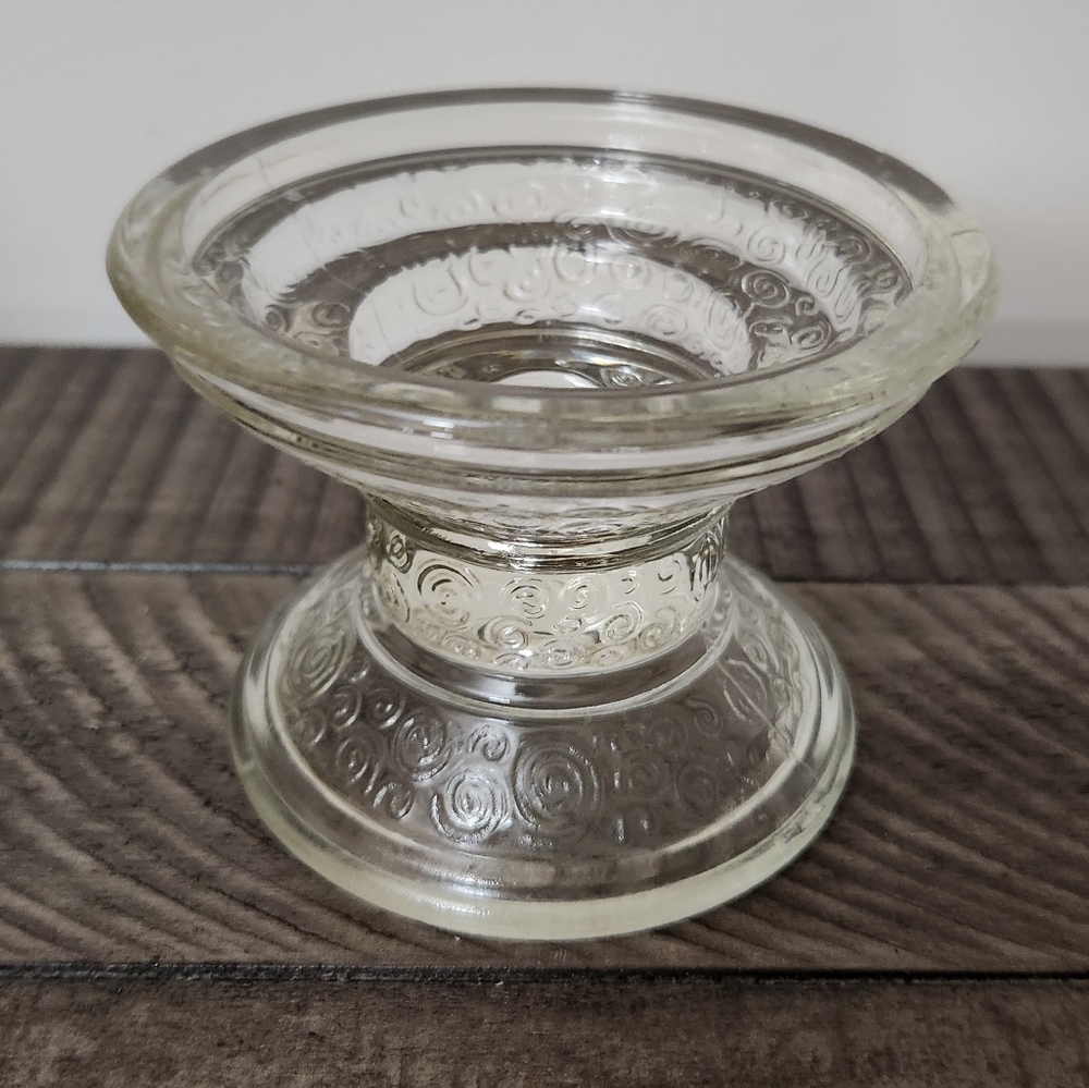 Vintage MCM Candle Holder Taper or Pillar Scroll Circle Pattern Clear Glass
